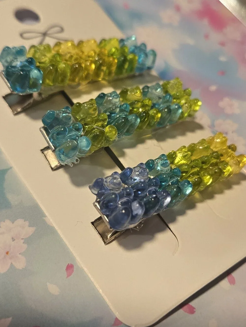 Handcrafted Blue Green Yellow Gummy Bear Hair Clips Set of 3